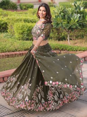 Alluring Olive Green Codding Work Crushed Evening Wear Lehenga Choli 3