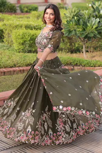 Alluring Olive Green Codding Work Crushed Evening Wear Lehenga Choli