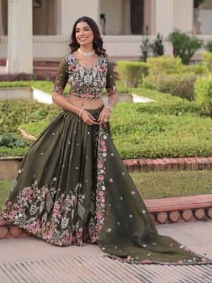 Alluring Olive Green Codding Work Crushed Evening Wear Lehenga Choli 4