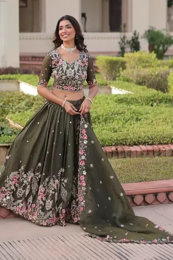 Alluring Olive Green Codding Work Crushed Evening Wear Lehenga Choli