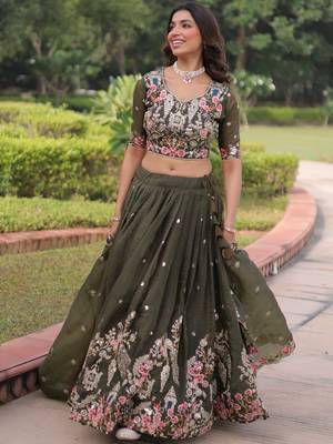 Alluring Olive Green Codding Work Crushed Evening Wear Lehenga Choli 5
