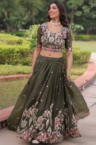 Alluring Olive Green Codding Work Crushed Evening Wear Lehenga Choli