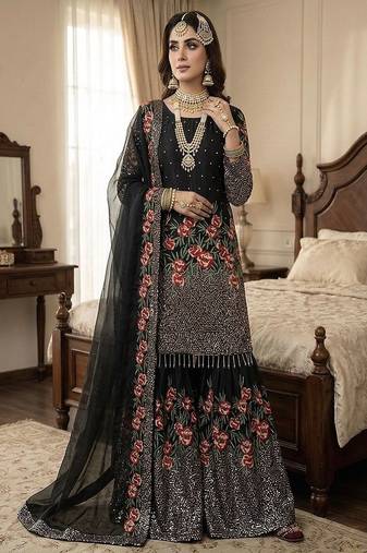 Designer black silk kurta set with heavy floral embroidery & sharara