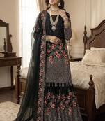 Designer black silk kurta set with heavy floral embroidery & sharara
