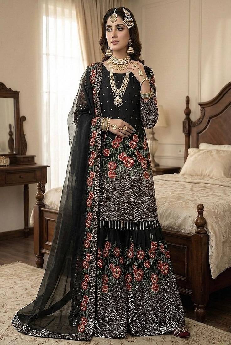 Designer black silk kurta set with heavy floral embroidery & sharara