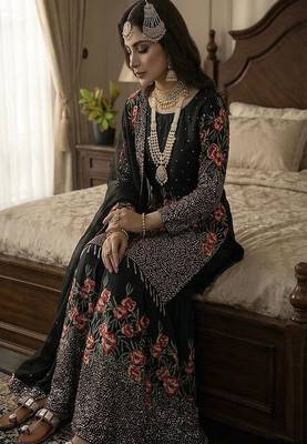 Designer black silk kurta set with heavy floral embroidery & sharara 2