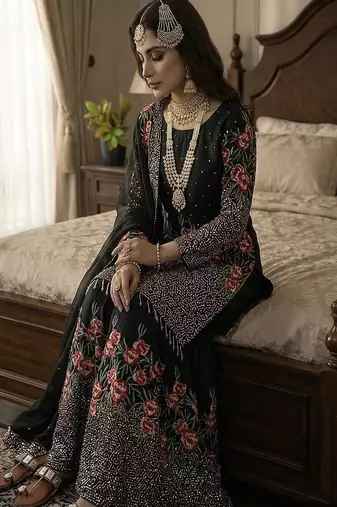 Designer black silk kurta set with heavy floral embroidery & sharara