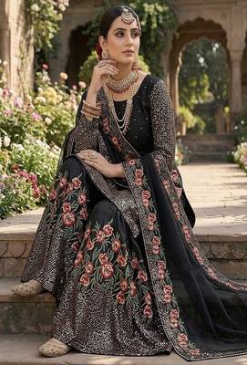 Designer black silk kurta set with heavy floral embroidery & sharara 3