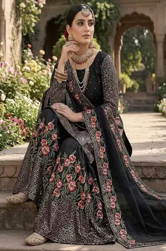Designer black silk kurta set with heavy floral embroidery & sharara