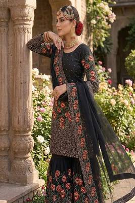 Designer black silk kurta set with heavy floral embroidery & sharara 4