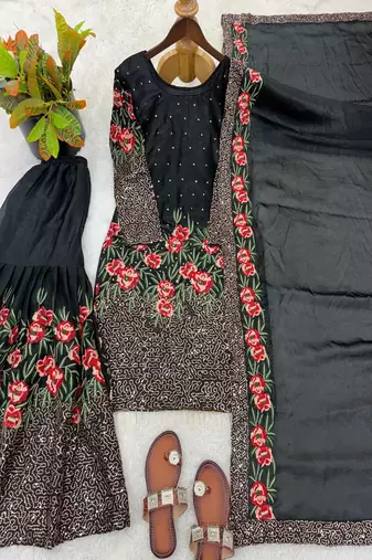 Designer black silk kurta set with heavy floral embroidery & sharara