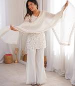 White Crunchy Silk Straight Kurta Bell Bottom Pant Set with Jari & Sequence Embroidery