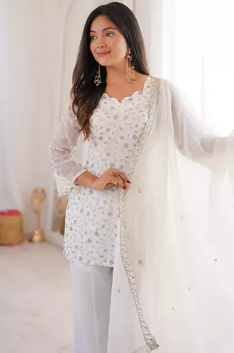 White Crunchy Silk Straight Kurta Bell Bottom Pant Set with Jari & Sequence Embroidery