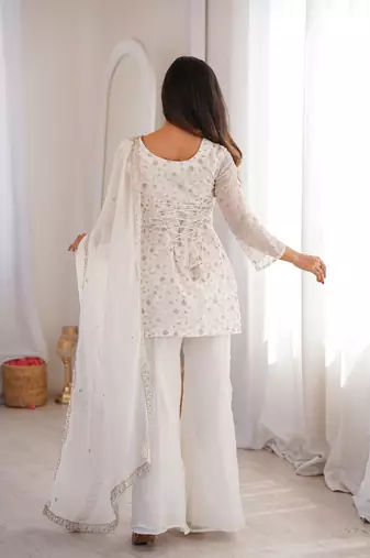 White Crunchy Silk Straight Kurta Bell Bottom Pant Set with Jari & Sequence Embroidery