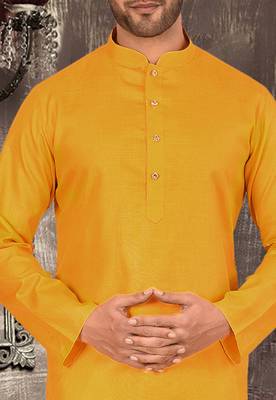 Yellow cotton kurta with pattern work and fancy button 2
