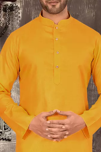 Yellow cotton kurta with pattern work and fancy button