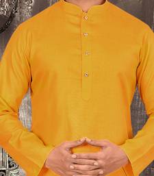 Yellow cotton kurta with pattern work and fancy button