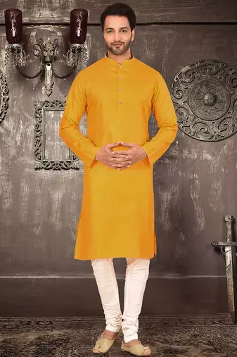 Yellow cotton kurta with pattern work and fancy button