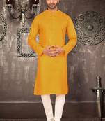 Yellow cotton kurta with pattern work and fancy button