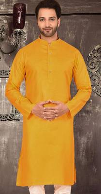 Yellow cotton kurta with pattern work and fancy button 3