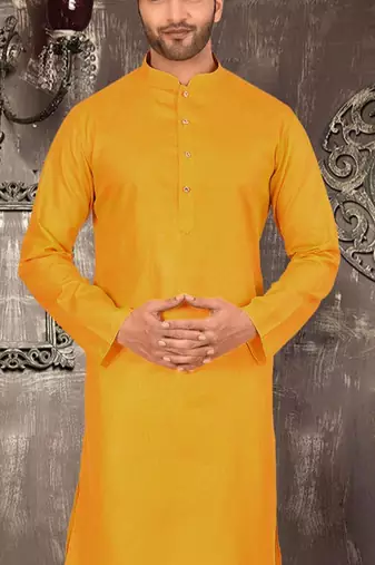 Yellow cotton kurta with pattern work and fancy button