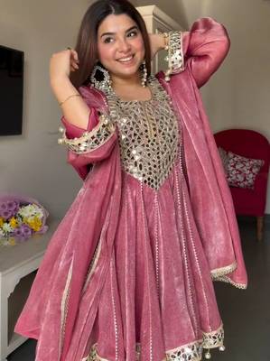 Rose Gold Crush Dhoti Style Suit Set with Real Mirror Work 2
