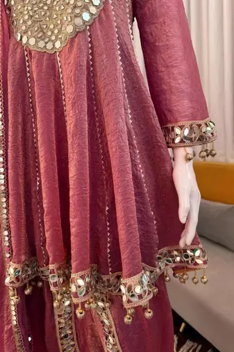 Rose Gold Crush Dhoti Style Suit Set with Real Mirror Work