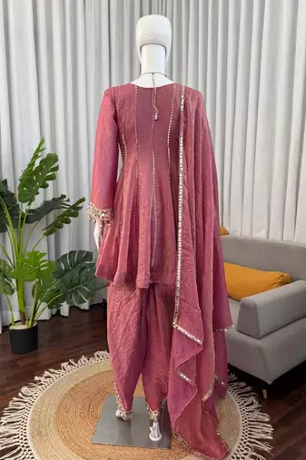 Rose Gold Crush Dhoti Style Suit Set with Real Mirror Work