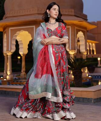 Floral printed semi-stitched cotton lehenga & unstitched blouse with dupatta 1
