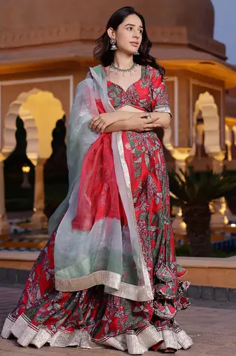 Floral printed semi-stitched cotton lehenga & unstitched blouse with dupatta