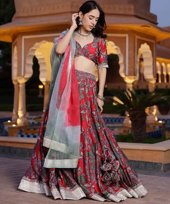 Floral printed semi-stitched cotton lehenga & unstitched blouse with dupatta 2