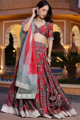 Floral printed semi-stitched cotton lehenga & unstitched blouse with dupatta