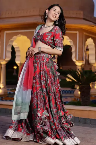Floral printed semi-stitched cotton lehenga & unstitched blouse with dupatta