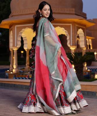 Floral printed semi-stitched cotton lehenga & unstitched blouse with dupatta 4