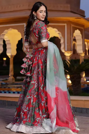 Floral printed semi-stitched cotton lehenga & unstitched blouse with dupatta