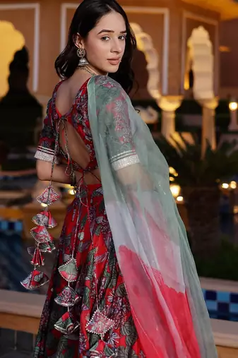 Floral printed semi-stitched cotton lehenga & unstitched blouse with dupatta