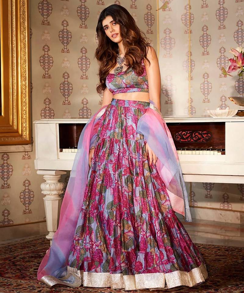 Floral printed semi-stitched cotton lehenga & unstitched blouse with dupatta