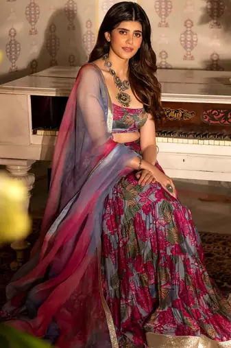 Floral printed semi-stitched cotton lehenga & unstitched blouse with dupatta