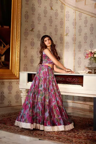 Floral printed semi-stitched cotton lehenga & unstitched blouse with dupatta