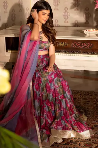 Floral printed semi-stitched cotton lehenga & unstitched blouse with dupatta