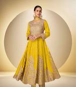 Yellow chinon free size stitched anarkali suit with codding dori & sequence work