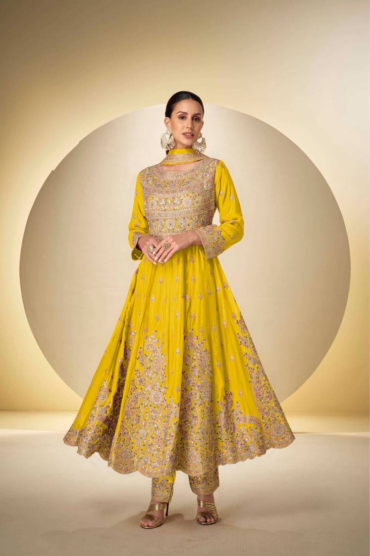 Yellow chinon free size stitched anarkali suit with codding dori & sequence work
