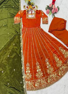 Orange fandy satin   party wear embroidery salwar  suit set 4