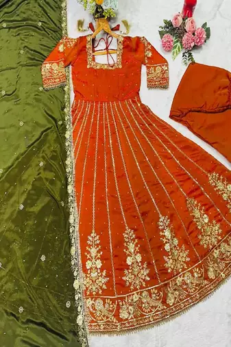 Orange fandy satin   party wear embroidery salwar  suit set