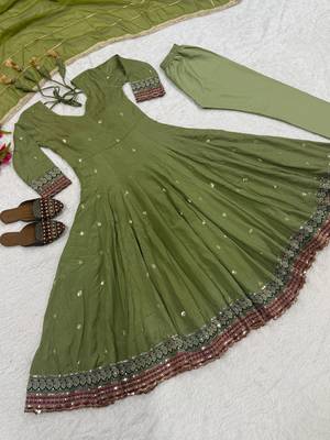 Green vichitra silk  party wear embroidery anarkali   suit set 7
