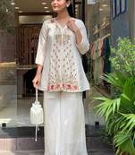 Off white silk heavy thread embroidery work kurta with palazzo