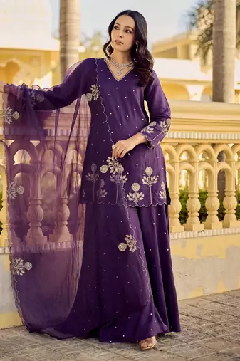 Purple chanderi silk heavy thread embroidery work kurta palazzo set