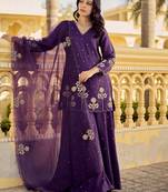 Purple chanderi silk heavy thread embroidery work kurta palazzo set