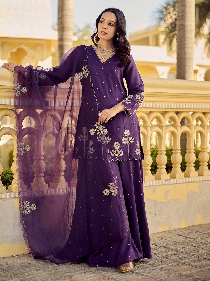 Purple chanderi silk heavy thread embroidery work kurta palazzo set