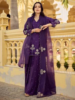 Purple chanderi silk heavy thread embroidery work kurta palazzo set 2